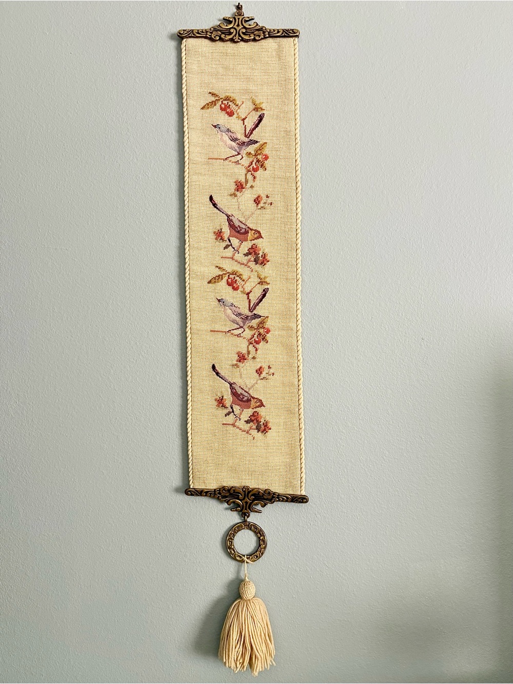 Vintage Petit Point Bell Pull Wall Hanging Bird Floral Tapestry 45”